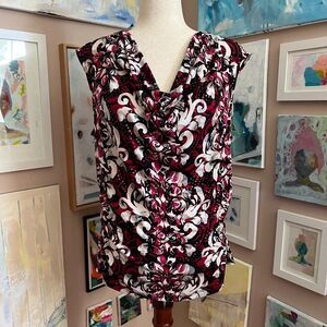Style & Co Red Black Floral Cowl Neck Sleeveless Top Stretch Size L